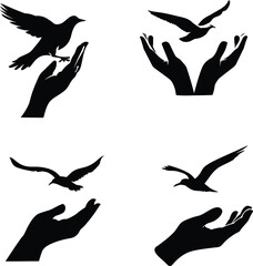 Silhouette of hands releasing a bird, symbolizing freedom and care, bird, vector