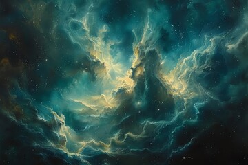 Fototapeta premium beauty of a celestial ballet with an oil painting of a high-angle view of interstellar objects, portraying cosmic dust clouds and distant constellations