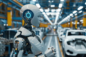Fototapeta premium Robot human replacing jobs AI artificial intelligence humanoid, working at automobile factory