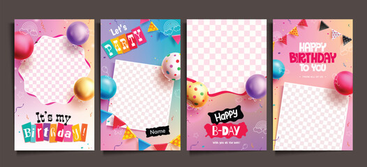Birthday party cards vector poster set design. Birthday party invitation card template collection with empty blank space for celebrant picture in colorful background. Vector illustration birthday 