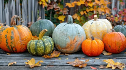 Assorted pumpkins and squash in an autumn garden with fall foliage on trees displayed on a wooden table with autumn leaves space for text