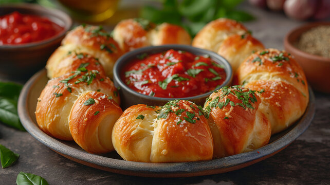 plate of garlic knots with marinara dipping sauce.