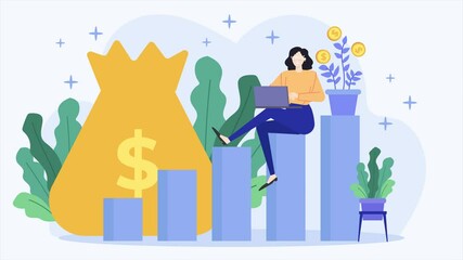 huge money bag with bar chart and a woman character business animated illustration video