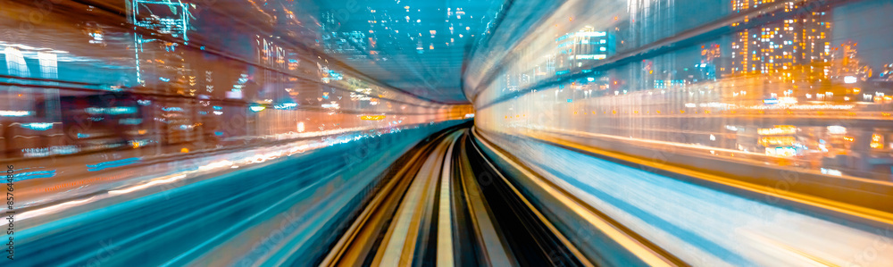 Poster abstract high speed technology pov motion blurred concept image from the yuikamome monorail in tokyo