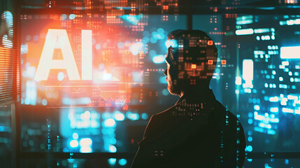 Corporate businessman with a glowing "IA" neon sign and a digital screen filled with bits of data.