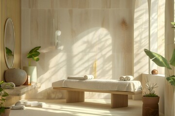3D scene of a serene facial treatment room with soothing decor and calming ambiance , created by ai