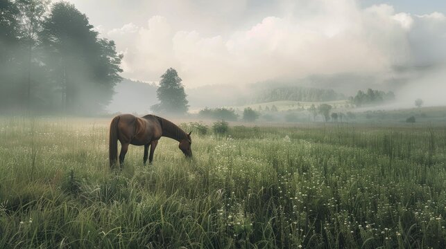 Horse grazing in a cloudy summer field