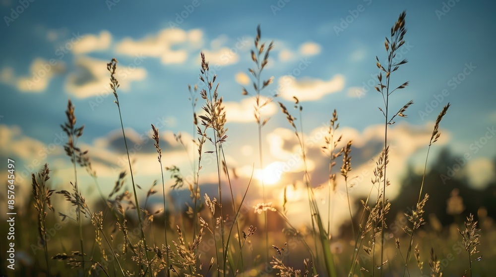 Poster a field of tall grass with a sun in the sky. generate ai image