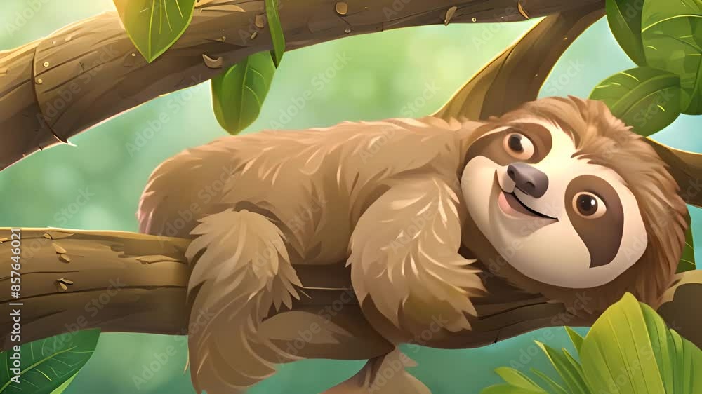 Poster smiling sloth sleeping in a tree generative ai