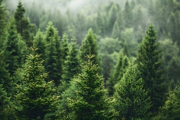Fototapeta premium Evergreen Forest in Foggy Weather