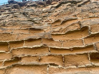 Close-up of a vintage brick wall with weathered bricks