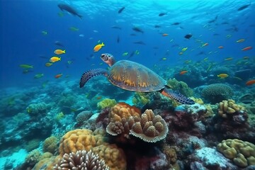 turtle, fish, sea, animal, colorful, ocean, water, marine, underwater, reef, aquatic, swimming, coral, group