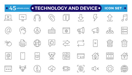 Technology and Device web icons in outline style. Computer monitor, smartphone, tablet, laptop, Mail, Search, Cloud, Media icon. Editable stroke outline icon