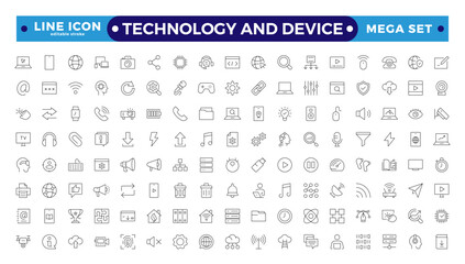 Technology and Device web icons in outline style. Computer monitor, smartphone, tablet, laptop, Mail, Search, Cloud, Media icon. Editable stroke outline icon