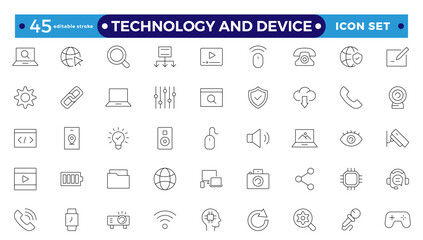 Technology and Device web icons in outline style. Computer monitor, smartphone, tablet, laptop, Mail, Search, Cloud, Media icon. Editable stroke outline icon