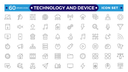 Technology and Device web icons in outline style. Computer monitor, smartphone, tablet, laptop, Mail, Search, Cloud, Media icon. Editable stroke outline icon