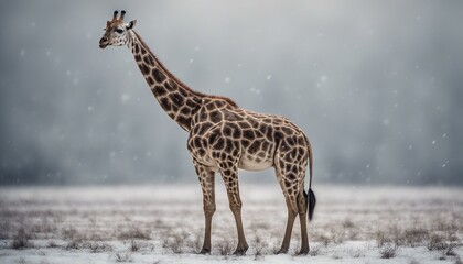 A giraffe standing on top of ice in an African savannah during winter time.