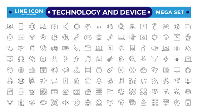 Technology and Device web icons in outline style. Computer monitor, smartphone, tablet, laptop, Mail, Search, Cloud, Media icon. Editable stroke outline icon
