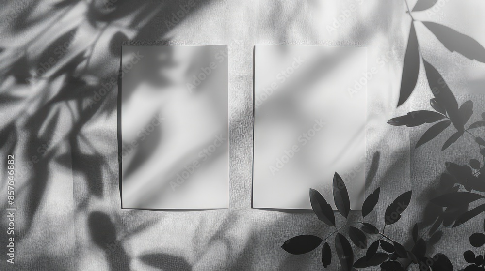 Poster two white pieces of paper with shadows on them. generate ai image