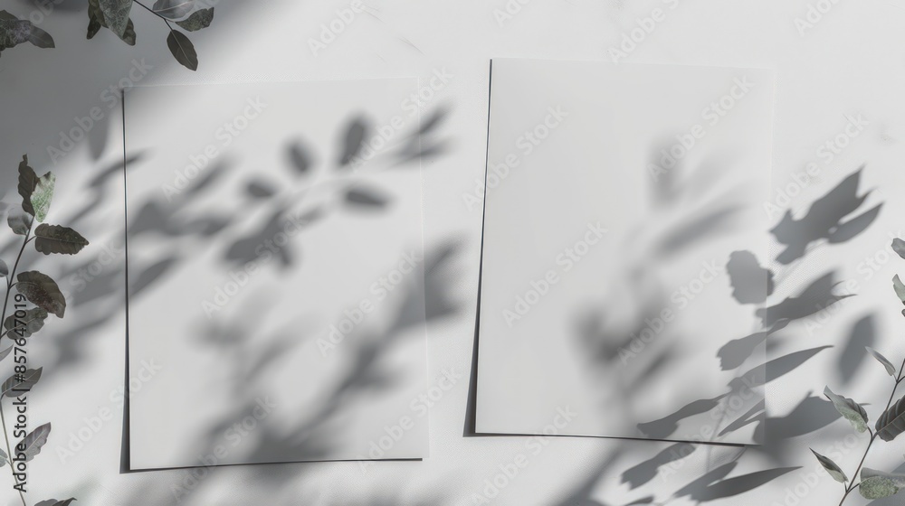 Poster two white pieces of paper with shadows on them. generate ai image