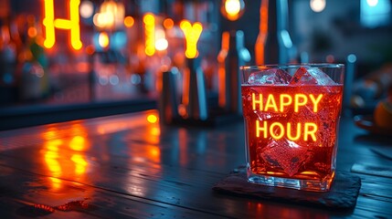 Sign that reads “HAPPY HOUR” - neon - Bart background. - drink specials - discount alcohol - liquor - beer- cocktails 