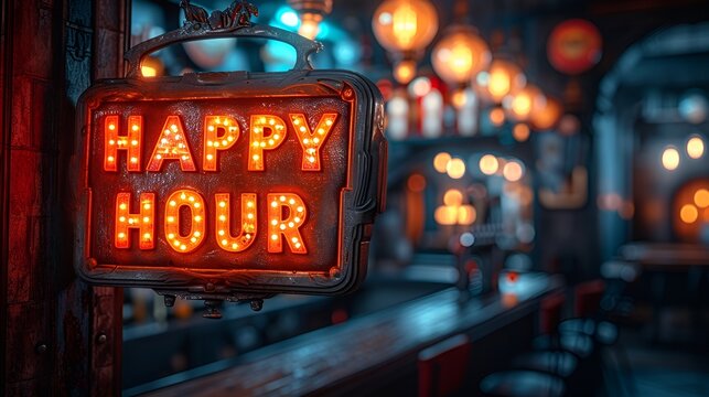 Sign that reads “HAPPY HOUR” - neon - Bart background. - drink specials - discount alcohol - liquor - beer- cocktails 