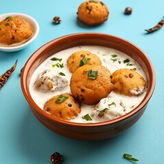 Indian popular food dahi vada also called dahi bhalla, dahi bhalle or dahi bada with topped curd and spices