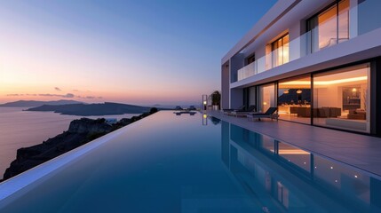 Fototapeta premium Modern Villa at Sunset, tranquil modern luxury home showcase exterior with infinity pool and sunset ocean view
