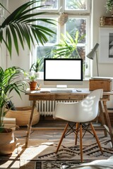 Fototapeta premium A stylish home office featuring a wooden desk, computer, and indoor plants, bathed in natural sunlight from large windows.