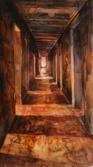 Watercolor painting of the corridor inside the historic building. Use for phone wallpapers, posters,
 postcards, brochures
