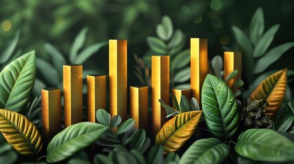 Obraz premium Digital artwork of golden bars emerging from lush green foliage, symbolizing growth and prosperity in nature.