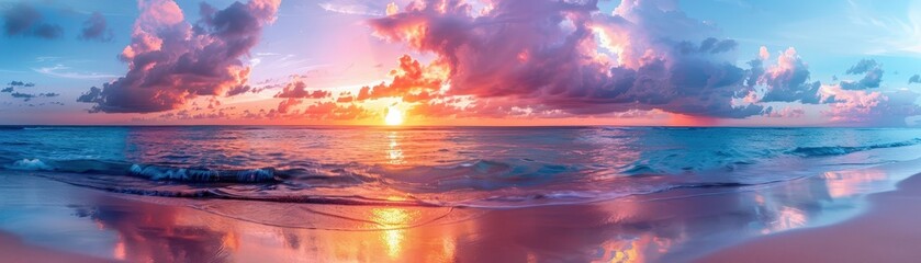 Obraz premium Beautiful sunset over a calm ocean with colorful clouds and reflections on the sandy beach, creating a serene and picturesque scene.