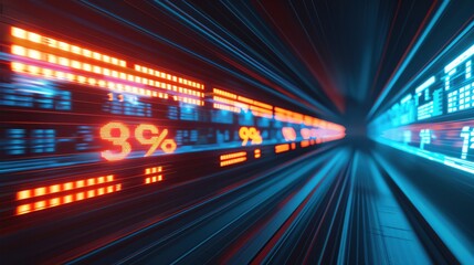 Futuristic digital display with glowing numbers and graphs, illustrating advanced technology and financial data transmission dynamics.