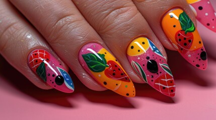 Colorful fruit themed nail art design on manicured nails, showcasing intricate and vibrant patterns perfect for a summer inspired look.