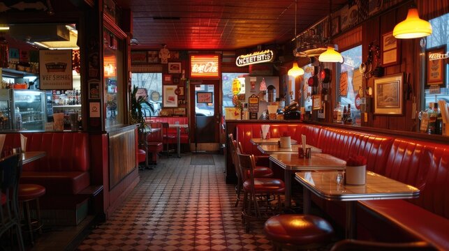 Cozy, retro style diner with vintage decor, red booths, and warm lighting, evoking a nostalgic ambiance of classic American diners.