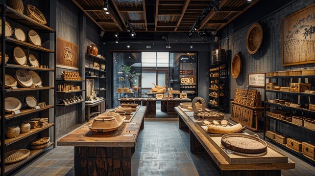 Cozy rustic store displaying handcrafted wooden tableware and decor, showcasing intricate artisan craftsmanship in a warm, inviting setting.