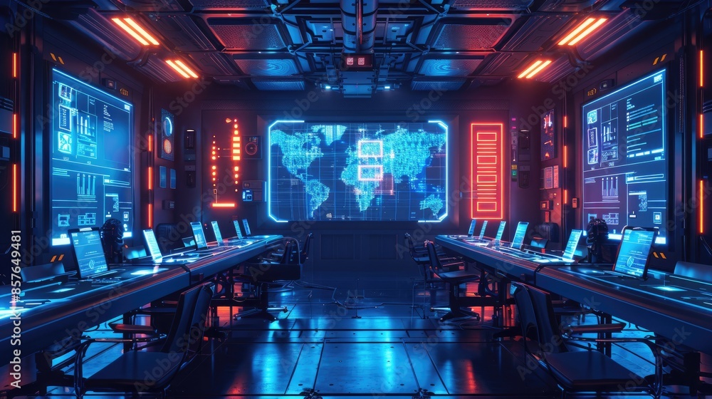 Poster futuristic control room with advanced technology, monitors, and data screens displaying world map in