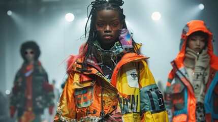 Fototapeta premium Fashion models showcasing vibrant and eclectic outerwear on the runway during a high-energy fashion show.