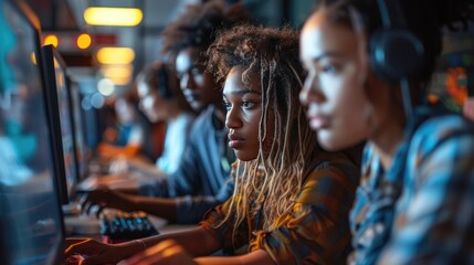 Obraz premium Focused gamers playing online in a competitive gaming environment. Women in technology, eSports, and team collaboration concept.