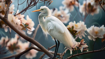 Obraz premium A beautiful egret perching on a branch, AI Generative