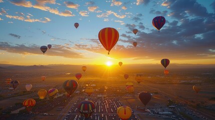 Hot air balloons soar during a breathtaking sunrise over an open landscape, creating a vibrant and colorful sky.