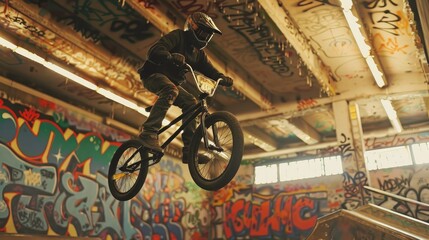 Man performs a high jump on BMX bike in graffiti filled indoor skatepark, showcasing skill and...