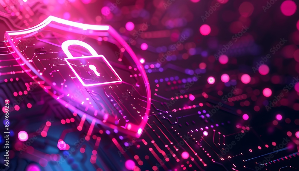 Poster cyber security: digital shield and lock