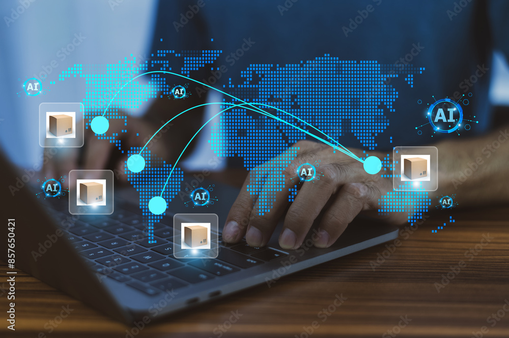 Poster businessman utilizes ai technology to enhance and streamline the export process. ai logistic managem