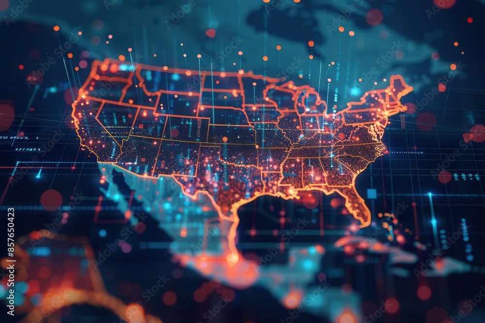 Aufkleber abstract digital network map of usa representing data transfer and connectivity technology concept