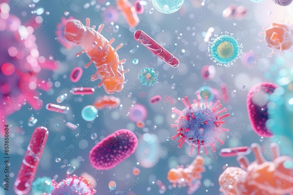 Poster abstract microscopic bacteria probiotics and viruses in various shapes on light background 3d scient