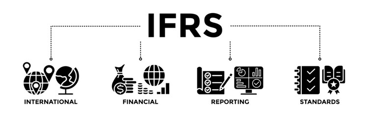 IFRS banner icons set for international financial reporting standards with glyph style icon of global, network, money, documents, books, and writing	