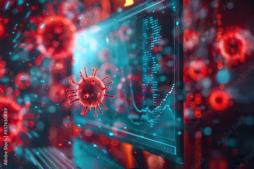 Poster abstract representation of a computer screen displaying an urgent virus alert cybersecurity concept 