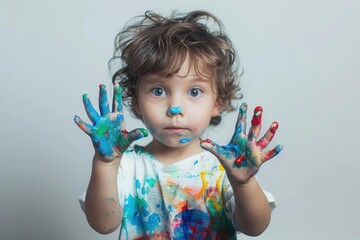 adorable child artist showing messy paintcovered hands creative learning studio portrait