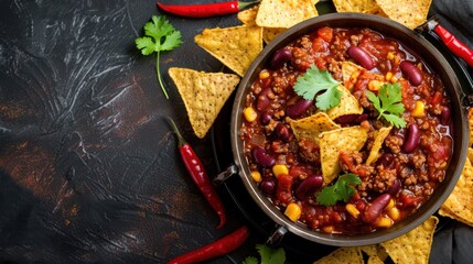 Mexican hot chili con carne in a pan with tortilla chips on a dark background